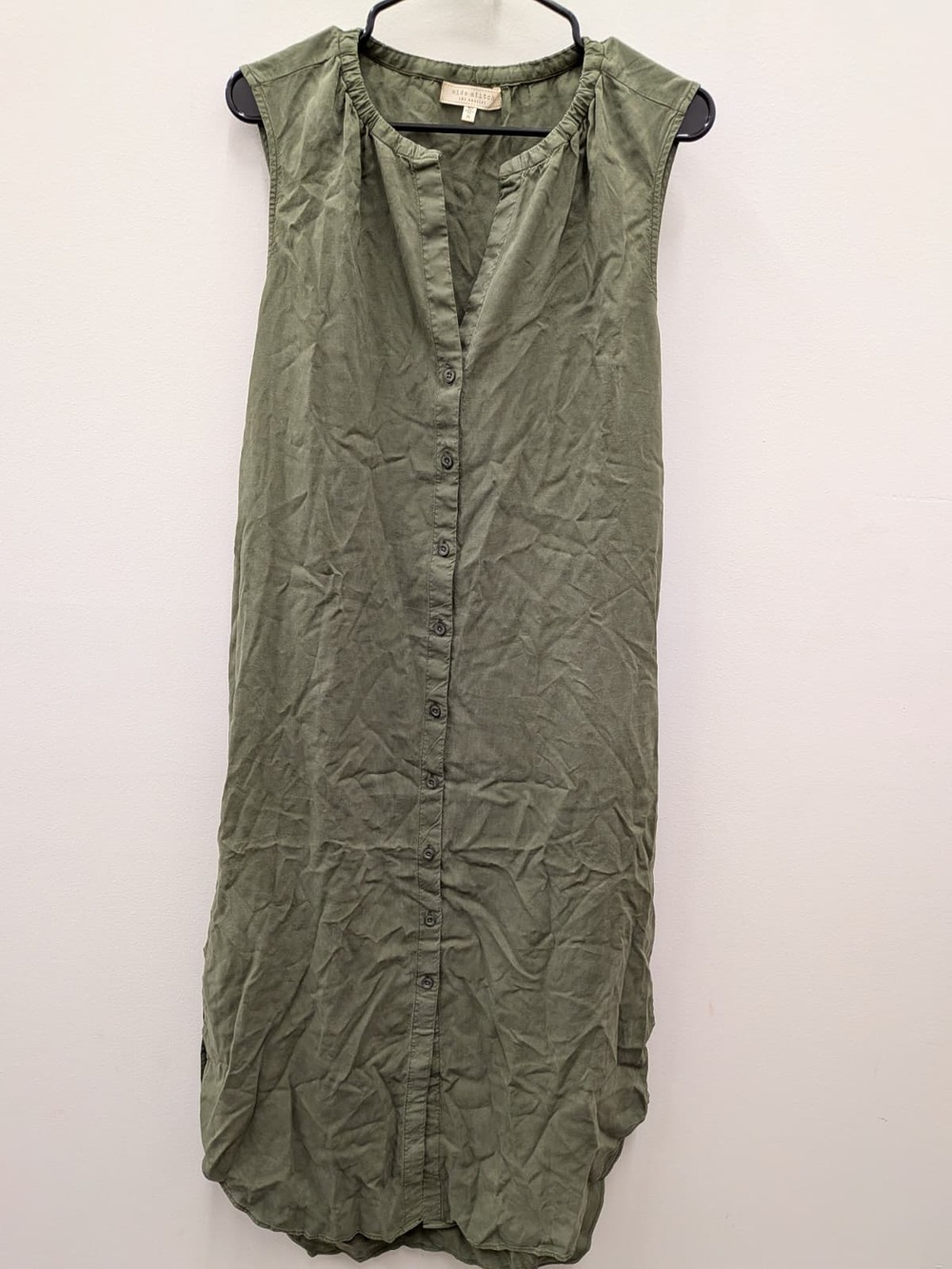 Side Stitch Medium Olive Green Sleeveless Shirt Dress Button Front Midi